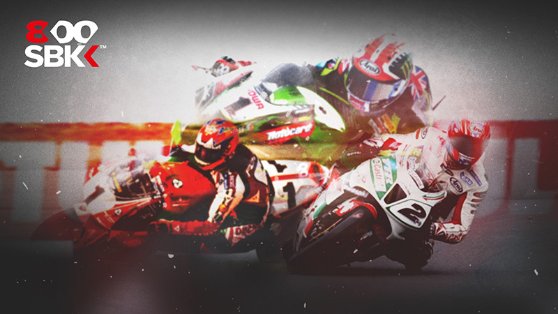 In celebration of its 800th race, Dorna has produced this digital image showing three Superbike World Champions (from left): Carl Fogarty, Jonathan Rea, and Colin Edwards.
