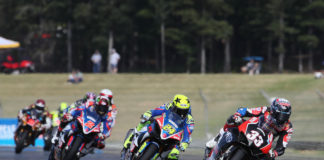 Kyle Wyman (33) leads Toni Elias (24), Josh Herrin (2) and others during a Superbike race at Barber Motorsports Park.