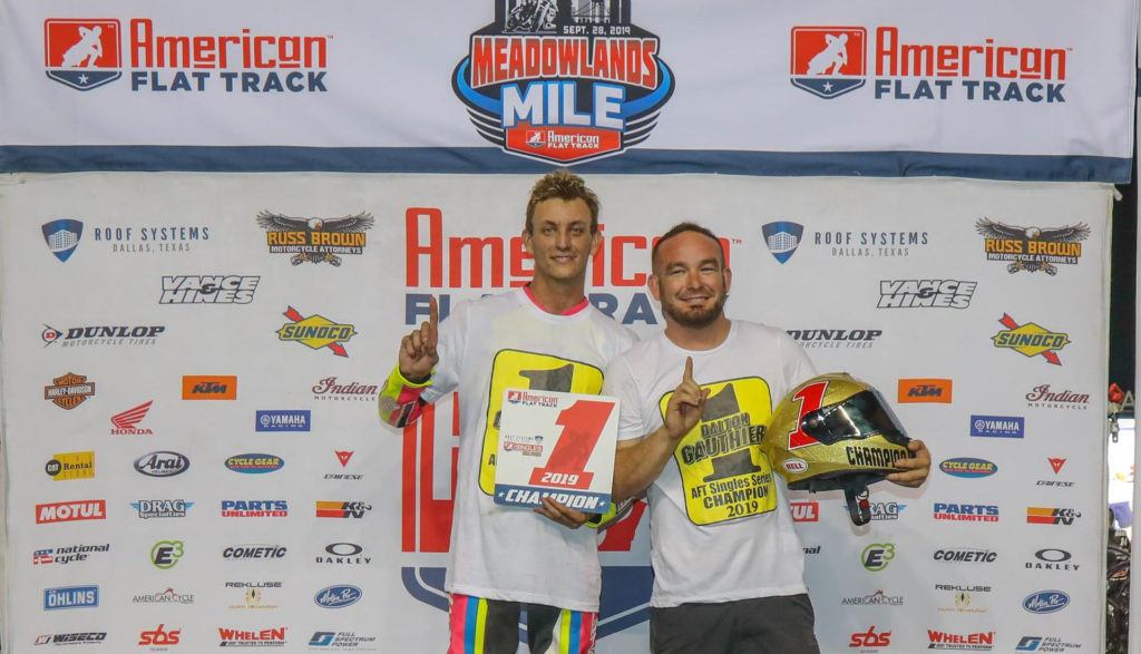 New AFT Singles Champion Dalton Gauthier (left) poses with crew chief Rob "Robby Bobby" McLendon on the podium. Photo by Scott Hunter/AFT.