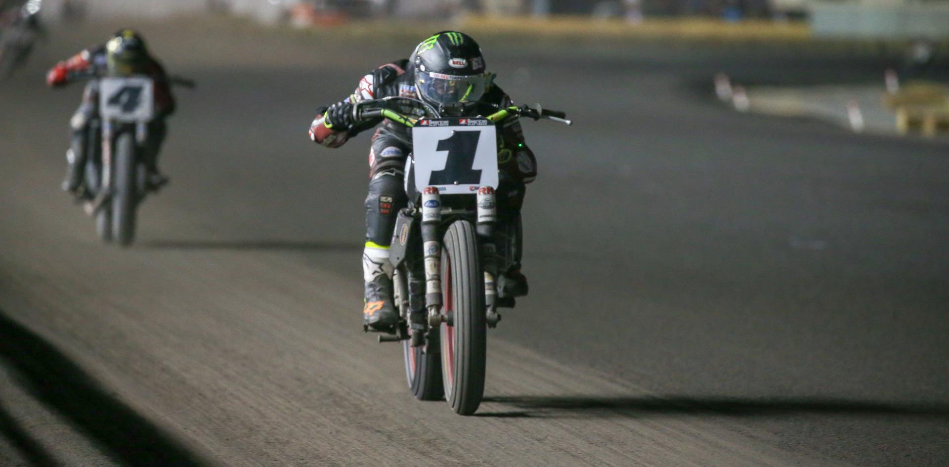 Jared Mees (1) on an Indian FTR750 beat Bryan Smith (4) on a Kawasaki Ninja 650 to win the 2019 AFT Twins season finale, which was shortened to 8 laps due to problems with track conditions. Photo by Scott Hunter/AFT.