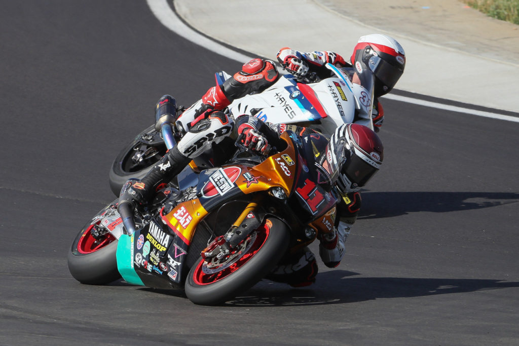 Mathew Scholtz (11) and Jake Gagne (32) in battle during MotoAmerica Superbike Race One at Barber Motorsports Park. Photo by Brian J. Nelson.