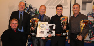 MotoAmerica: 2019 Champions Honored In Alabama (From left to right) MotoAmerica President Wayne Rainey, AMA Chief Operating Officer Jeff Massey, crew chief Rick Hobbs, Cameron Beaubier and team manager Tom Halverson celebrate Beaubier's Superbike Championship at the Night of Champions. Photo by Brian J. Nelson.