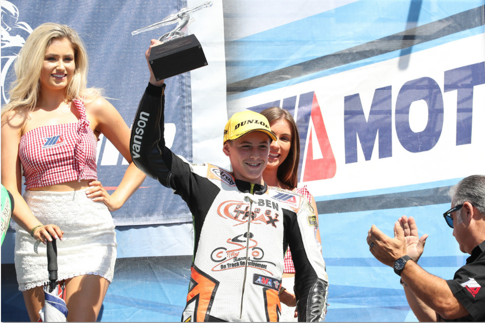 Ben Gloddy on the MotoAmerica Junior Cup podium. Photo by Brian J. Nelson, courtesy of Quarterley Racing On Track Development.