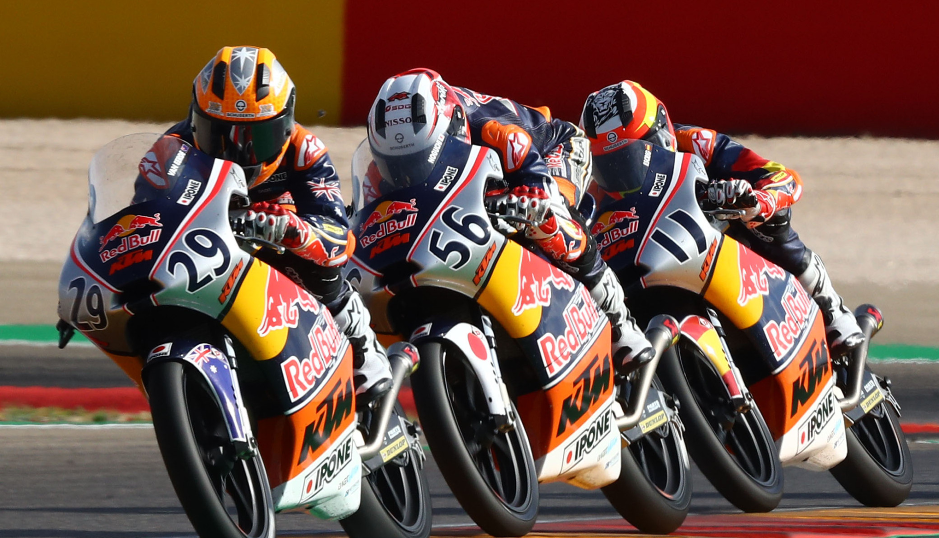 Billy Van Eerde (29) leading Haruki Noguchi (56) and Alex Escrig (11) at Motorland Aragon. Photo by GEPA Pictures, courtesy of Red Bull.