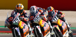 Billy Van Eerde (29) leading Haruki Noguchi (56) and Alex Escrig (11) at Motorland Aragon. Photo by GEPA Pictures, courtesy of Red Bull.