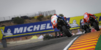 Curbings are part of the racetrack, but the green section to the right of the curbing is beyond the limits of the track at Motorland Aragon. Photo courtesy of Dorna.