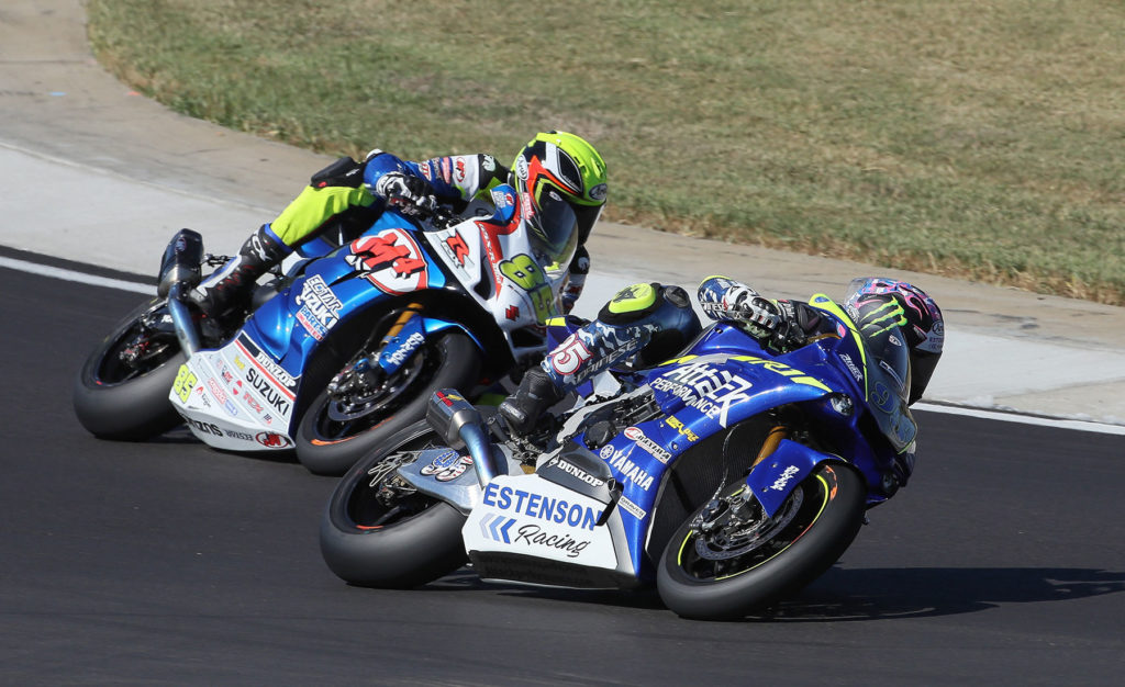 Attack Performance/Estenson Racing Yamaha's JD Beach (95) and M4 ECSTAR Suzuki's Jake Lewis (85) in action in Alabama. Photo by Brian J. Nelson.