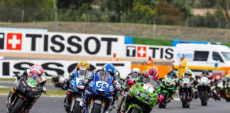 Ana Carrasco (1) leads Galang Hendra Pratama (55), Andy Verdoia (25), Scott Deroue (95) and the rest of the field at Magny-Cours. Photo courtesy of Dorna WorldSBK Press Office.