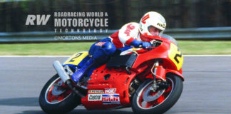 Mick Grant riding the Honda NR500 at Silverstone, during a test session and photo shoot prior to its race debut. The shape of the front fender guided air around the exposed fork springs to the side-mounted radiator intake ducts in the top part of the fairing. Photo courtesy of Mortons Media.