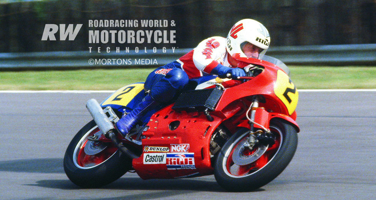 Mick Grant riding the Honda NR500 at Silverstone, during a test session and photo shoot prior to its race debut. The shape of the front fender guided air around the exposed fork springs to the side-mounted radiator intake ducts in the top part of the fairing. Photo courtesy of Mortons Media.