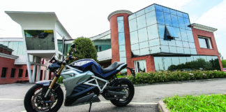 Energica Motor Companys headquarters in Modena, Italy, with an Eva electric streetbike model parked outside. Photo by Damiano Florentini.
