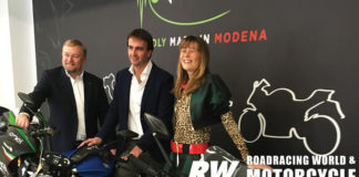 Energica President Franco Cevolini (left), Chief Technical Officer Giampiero Testoni (center), and CEO Livia Cevolini (right). Photo by John Ulrich, copyright Roadracing World Publishing, Inc.