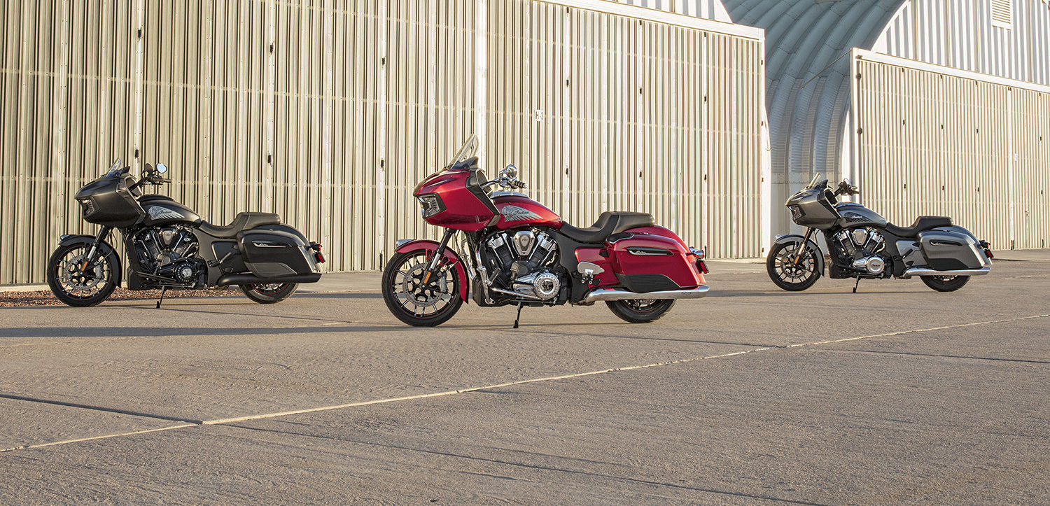 A 2020-model Indian Challenger (right), Indian Challenger Dark Horse (left), and Indian Challenger Limited (center). Photo courtesy of Indian Motorcycle.