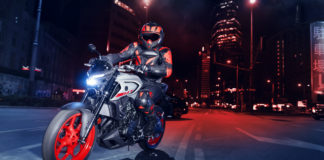 A 2020-model Yamaha MT-03 at speed. European model shown.