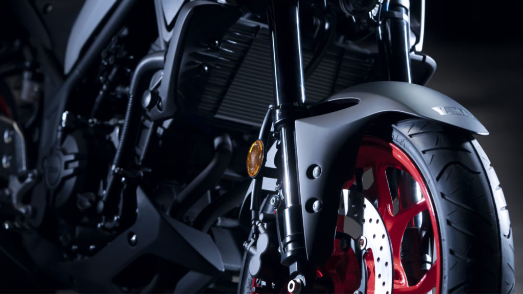 The 2020-model Yamaha MT-03 features inverted 37mm front forks, like the YZF-R3. 