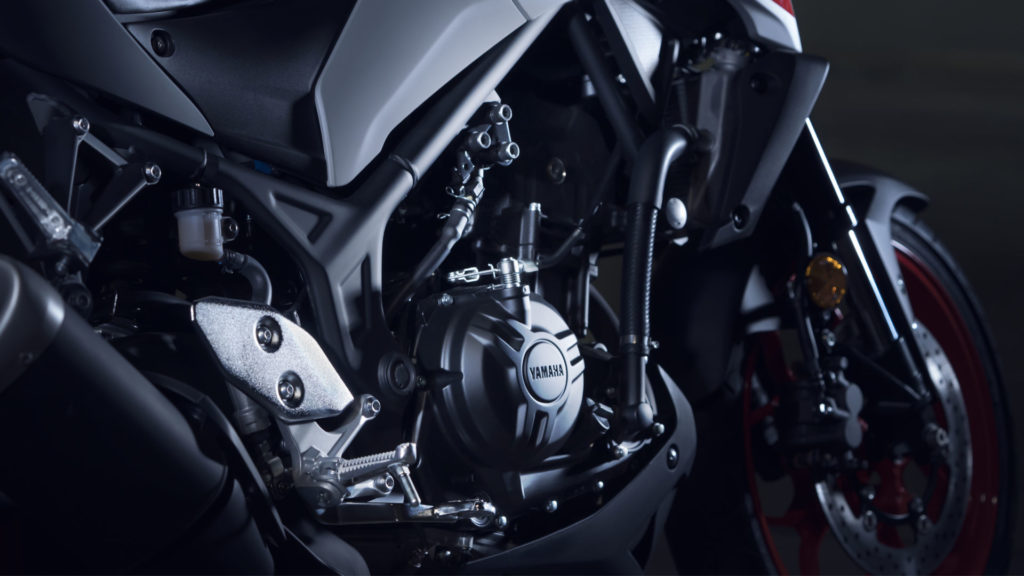 The 2020 Yamaha MT-03 is powered by the same twin-cylinder engine as the YZF-R3. 