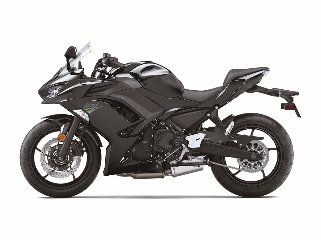 The left side of a black 2020 Kawasaki Ninja 650.