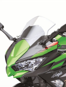 The restyled front cowl of the 2020 Kawasaki Ninja 650.