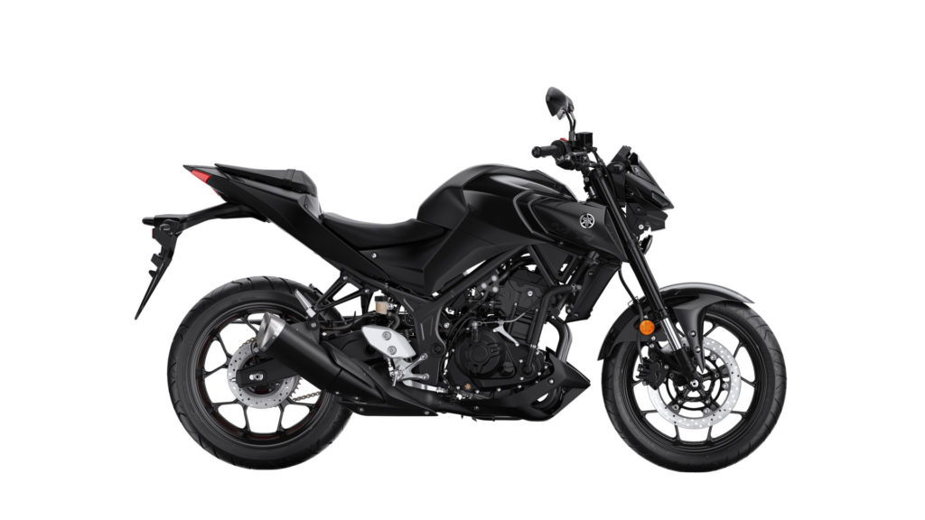 A 2020-model Yamaha MT-03 at rest. European model shown.