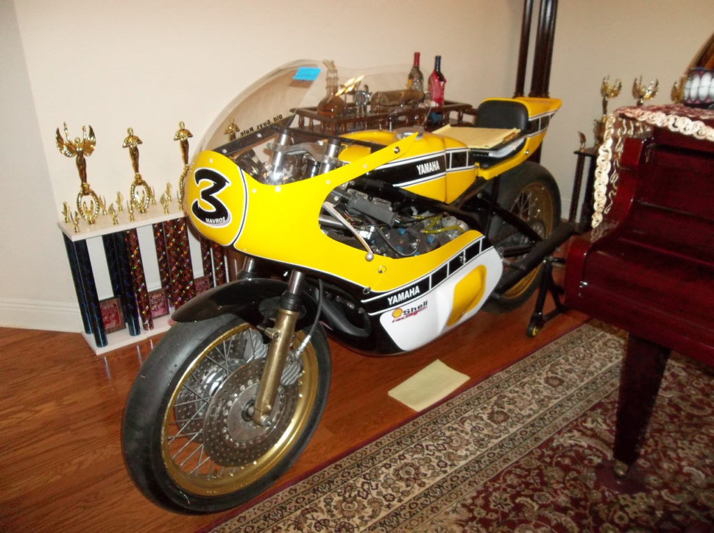 A 1978 Yamaha TZ750 two-stroke racebike owned by the late Charlie Mavros.