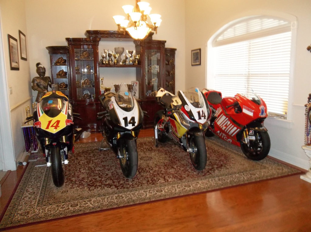 Charlie Mavros kept his favorite personal Ducati-powered racebikes in his house alongside his Ducati Desmosedici RR streetbike (far right), which he turned into a Casey Stoner replica. 