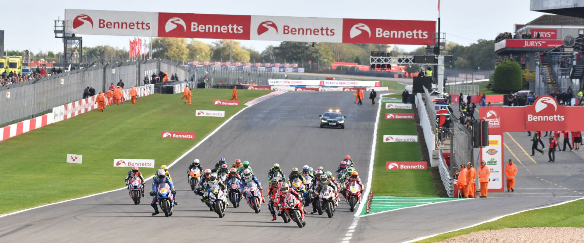 The start of a British Superbike race at Donington Park.