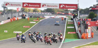 The start of a British Superbike race at Donington Park.