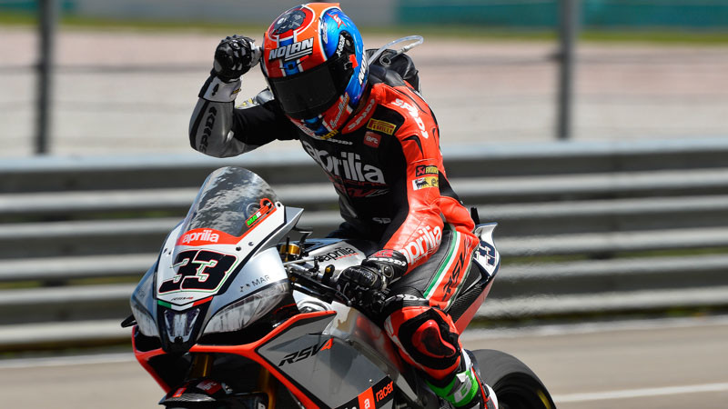 Marco Melandri celebrating a World Superbike win in 2014. Photo courtesy of Dorna WorldSBK Press Office.