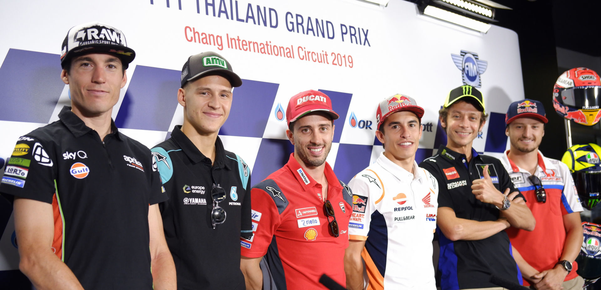 MotoGP riders (from left): Aleix Espargaro, Fabio Quartararo, Andrea Dovizioso, Marc Marquez, Valentino Rossi, and Jack Miller at the pre-event press conference in Thailand. Photo courtesy of Dorna.