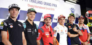 MotoGP: Top Riders Speak To The Media Ahead Of Thai Grand Prix MotoGP riders (from left): Aleix Espargaro, Fabio Quartararo, Andrea Dovizioso, Marc Marquez, Valentino Rossi, and Jack Miller at the pre-event press conference in Thailand. Photo courtesy of Dorna.