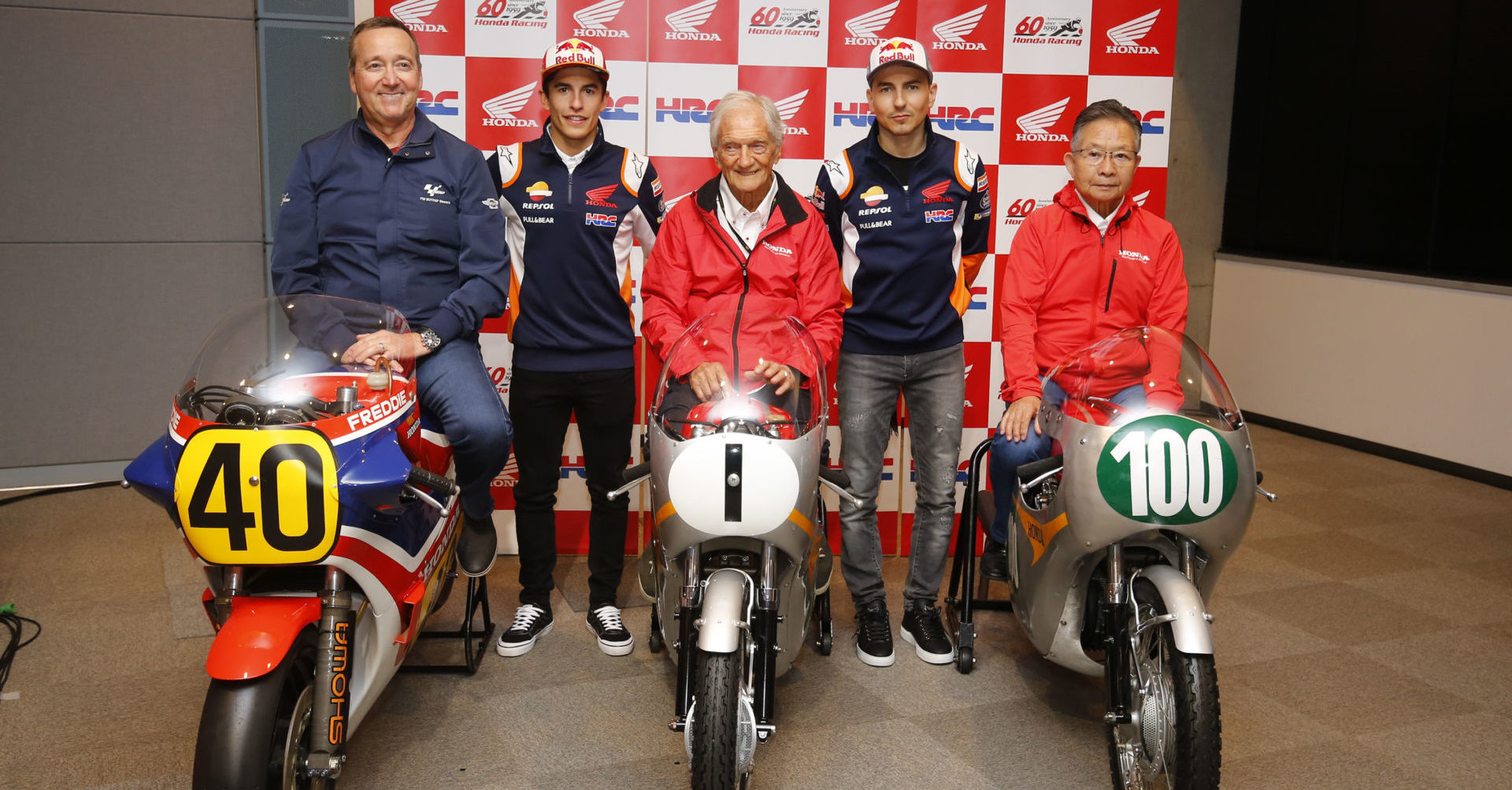 (From left) Freddie Spencer, Marc Marquez, Jim Redman, Jorge Lorenzo, and Kunimitsu Takahashi. Photo courtesy of Dorna.