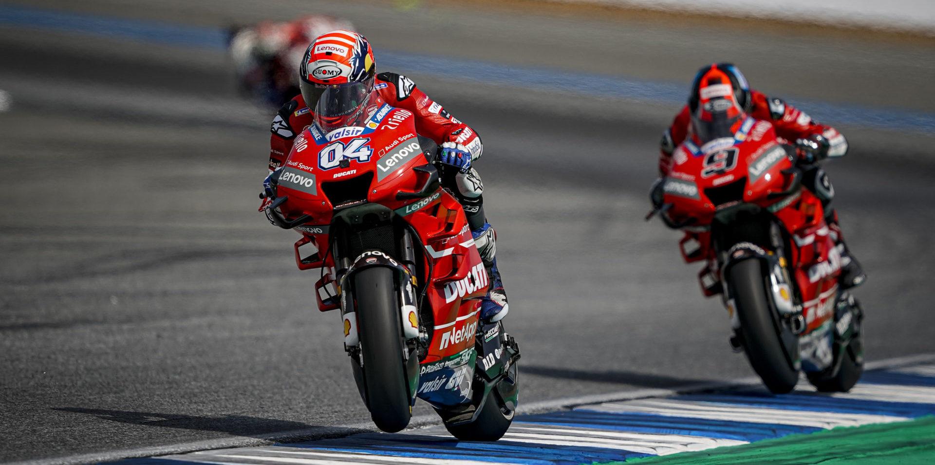 Ducati's Andrea Dovizioso (04) and Danilo Petrucci (9) at speed in Thailand. Photo courtesy of Ducati Corse.