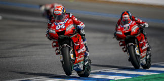 Ducati's Andrea Dovizioso (04) and Danilo Petrucci (9) at speed in Thailand. Photo courtesy of Ducati Corse.