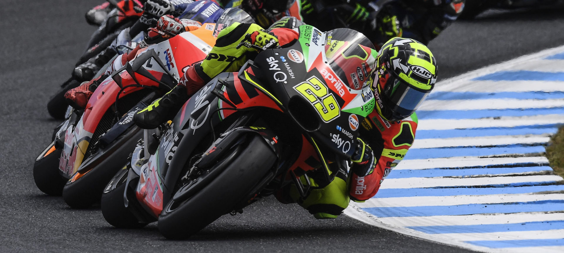 Andrea Iannone (29) leading the MotoGP race at Phillip Island. Photo courtesy of Aprilia Gresini Racing.