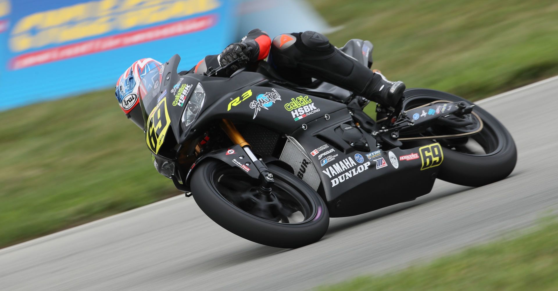 Dallas Daniels (69) in action on a Celtic HSBK Racing Yamaha YZF-R3 during a MotoAmerica Junior Cup race at Pittsburgh International Race Complex. Photo by Brian J. Nelson.