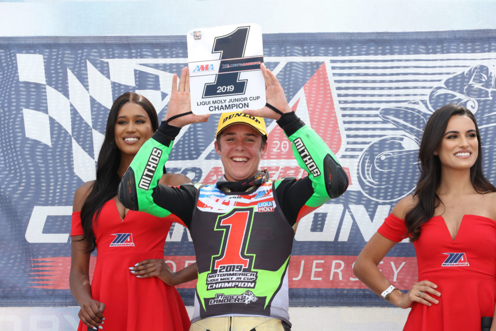 Rocco Landers at New Jersey Motorsports Park, where he clinched the 2019 MotoAmerica Junior Cup Championship. Photo by Brian J. Nelson.