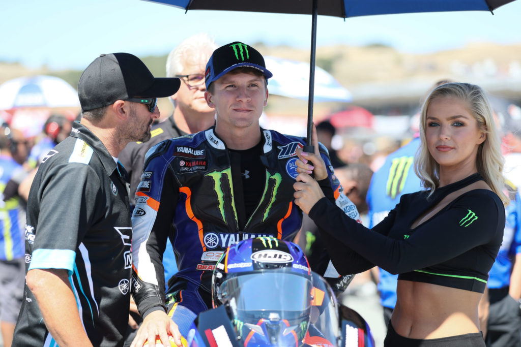 Garrett Gerloff on the grid at WeatherTech Raceway Laguna Seca with his rider coach - and four-time AMA Superbike Champion - Josh Hayes (left), who Gerloff says helped him get his World Superbike ride. Photo by Brian J. Nelson.