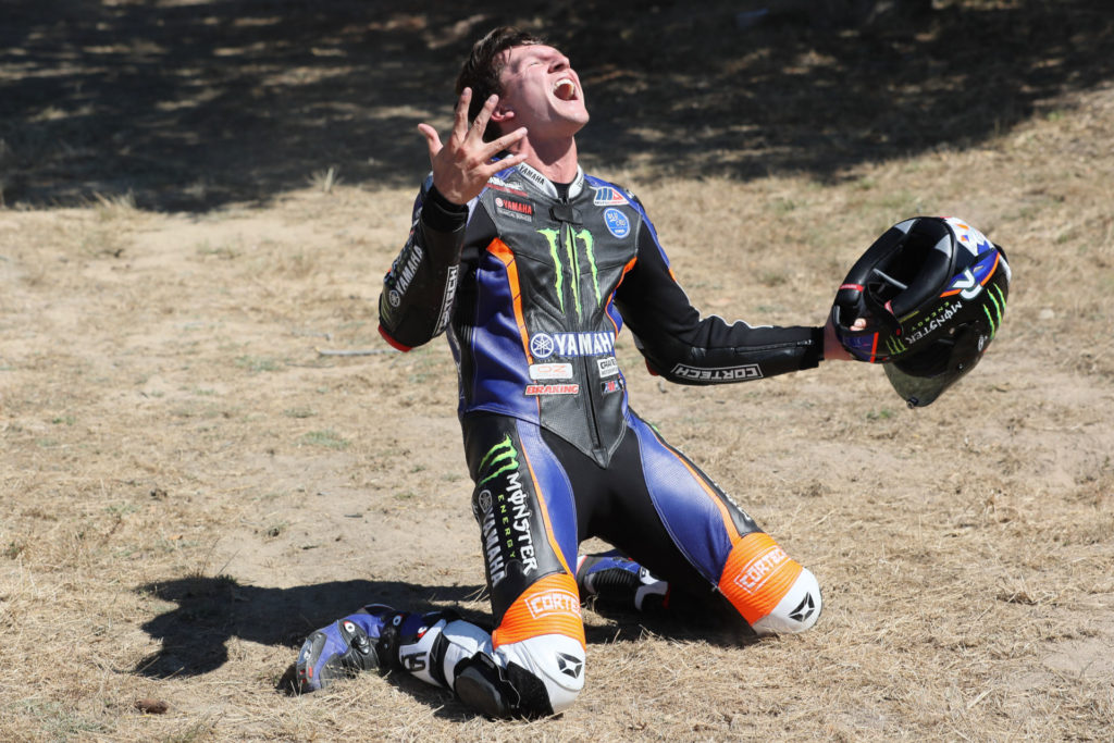 Garrett Gerloff celebrating his career-first MotoAmerica Superbike victory, at WeatherTech Raceway Laguna Seca. Photo by Brian J. Nelson.