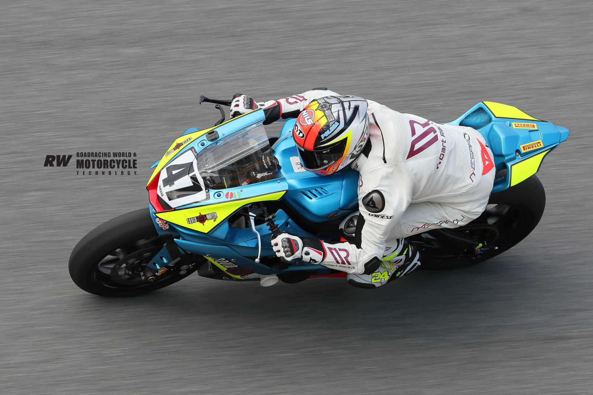 Simone Corsi (47) tucked in on the Squid Hunter Racing Yamaha YZF-R6 on the banking at Daytona International Speedway. Photo by Brian J. Nelson.