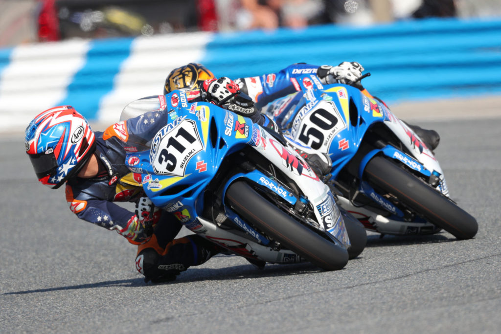 Sean Dylan Kelly (311) leads Bobby Fong (50) during the 2019 Daytona 200. The pair will join Scott Russell as featured instructors at the Team Hammer Advanced Riding School on October 18. Photo by Brian J Nelson.