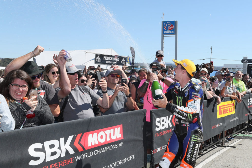 Garrett Gerloff, seen here celebrating at WeatherTech Raceway Laguna Seca, went on to win three more MotoAmerica Superbike races in 2019 and he could have won more had it not been for mechanical DNFs and him helping his teammate Cameron Beaubier secure the 2019 MotoAmerica Superbike Championship at the season finale. Photo by Brian J. Nelson.