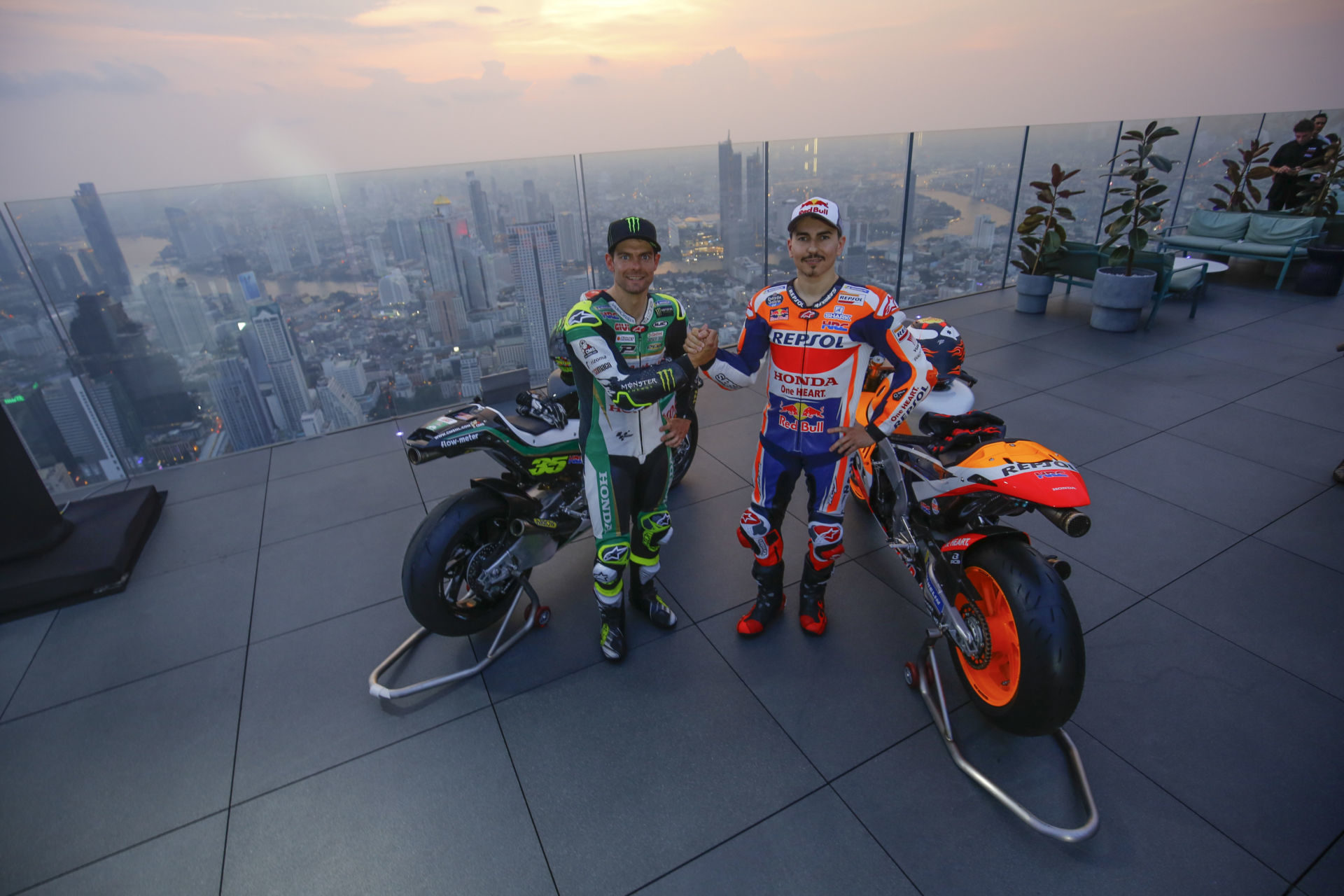 Cal Crutchlow (left) and Jorge Lorenzo (right) on the 76th floor of the King Power MahaNakhon building in Bangkok, Thailand. Photo courtesy of Dorna.
