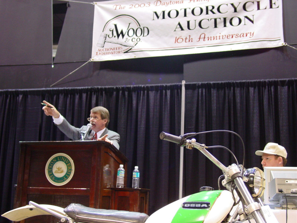 Racer and auctioneer Jerry Wood in action at one of his J. Wood Company motorcycle auctions, which he has held annually during Daytona Bike Week.