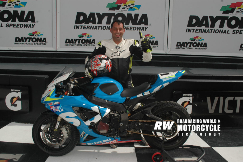 Charlie Mavros, as seen in 2017, in Victory Circle at Daytona International Speedway with his de-stroked Suzuki GSX-R600/565 racebike. Photo by David Swarts.