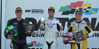 ASRA Sportbike race winner Simone Corsi (center), runner-up Jason Farrell (left), and third-place finisher Greg Melka (right) on the podium in Victory Lane at Daytona International Speedway. Photo by David Swarts.
