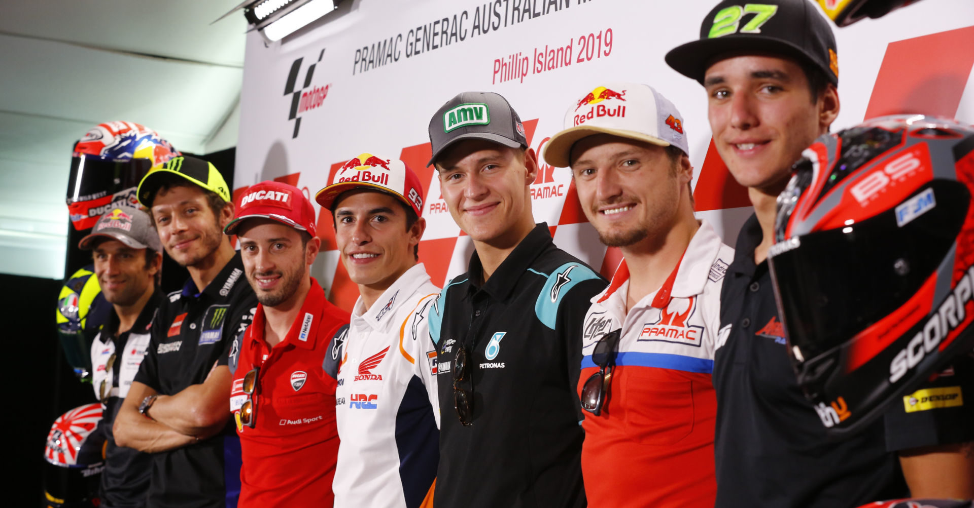 World Championship riders (from left) Johann Zarco, Valentino Rossi, Andrea Dovizioso, Marc Marquez, Fabio Quartararo, Jack Miller, and Iker Lecuona at the pre-event press conference at Phillip Island. Photo courtesy of Dorna/www.motogp.com.