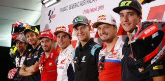 World Championship riders (from left) Johann Zarco, Valentino Rossi, Andrea Dovizioso, Marc Marquez, Fabio Quartararo, Jack Miller, and Iker Lecuona at the pre-event press conference at Phillip Island. Photo courtesy of Dorna/www.motogp.com.