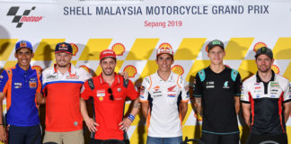 MotoGP riders (from left) Hafizh Syahrin, Jack Miller, Andrea Dovizioso, Marc Marquez, Fabio Quartararo, and Cal Crutchlow at the pre-event press conference in Sepang. Photo courtesy of Dorna/www.motogp.com.