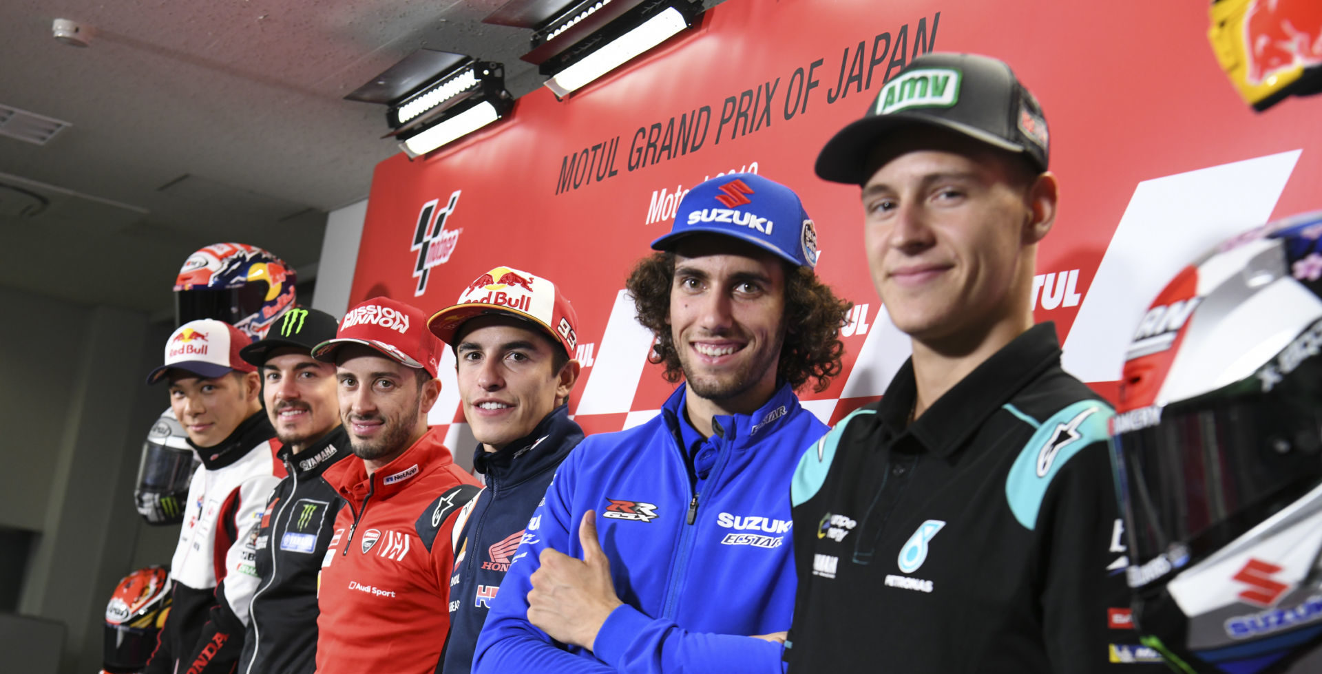 MotoGP riders (from left) Takaaki Nakagami, Maverick Vinales, Andrea Dovizioso, Marc Marquez, Alex Rins, and Fabio Quartararo at the pre-event press conference. Photo courtesy of Dorna/www.motogp.com.