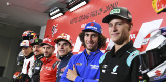 MotoGP riders (from left) Takaaki Nakagami, Maverick Vinales, Andrea Dovizioso, Marc Marquez, Alex Rins, and Fabio Quartararo at the pre-event press conference. Photo courtesy of Dorna/www.motogp.com.